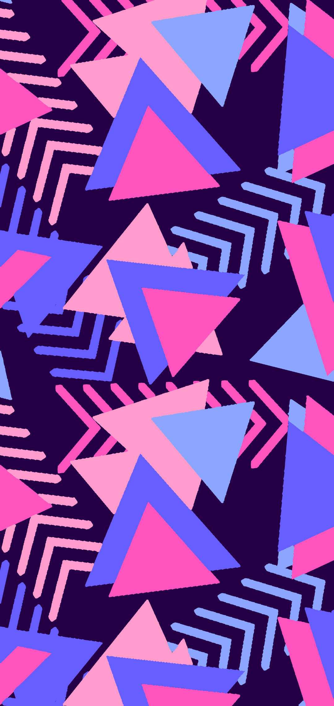 Shapes 桌布 壁紙 — 鮮豔的粉紅色和藍色三角形及箭頭在深紫色背景上形成大膽的幾何圖案。