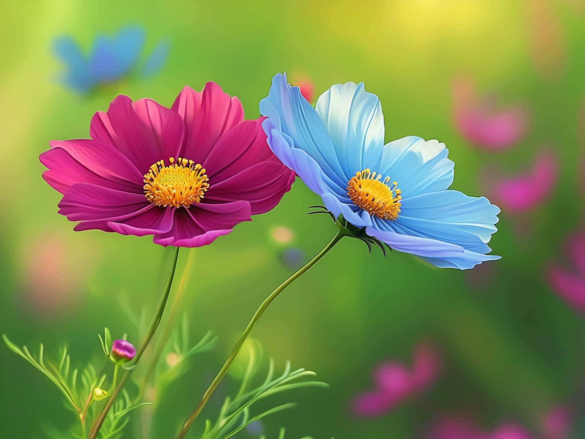 Background with two cosmos flowers, one blue, one purple, bokeh meadow behind. Wallpaper or wall art 壁紙 — 鮮豔的粉紅色和藍色大波斯菊，帶有黃色花心，在柔和的綠色模糊花園背景下盛開。