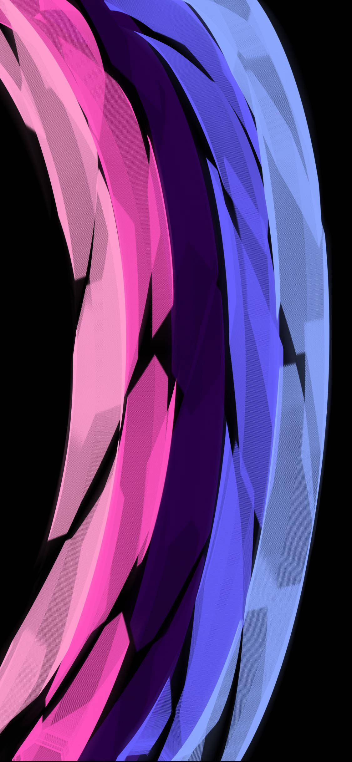 Omnisexual 桌布 壁紙 — 鮮豔的粉紅色和藍色幾何波浪在鮮明的黑色背景上動態旋轉，構成大膽的數位藝術作品。