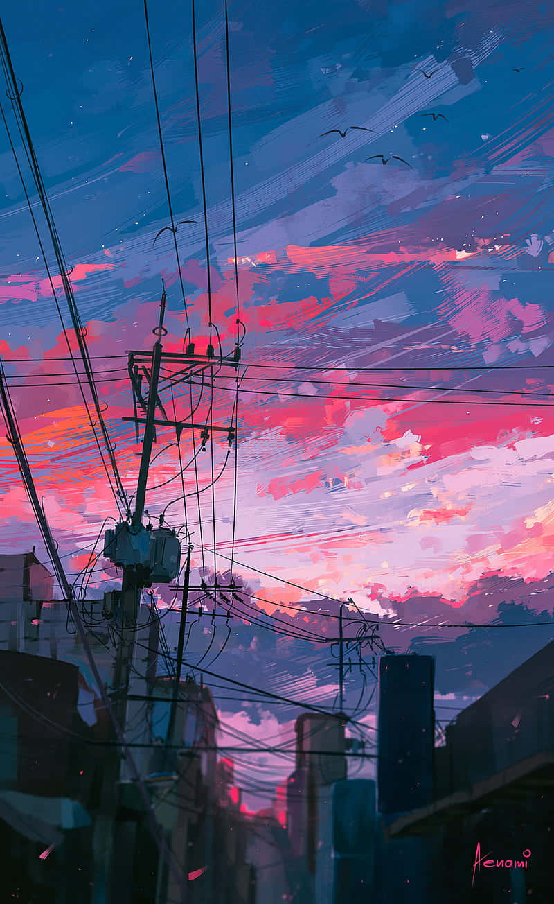 Tokyo Anime 桌布 壁紙 — 鮮豔的粉紅色和藍色日落天空條紋，纏繞在都市電線和屋頂後面，有剪影鳥兒飛翔。