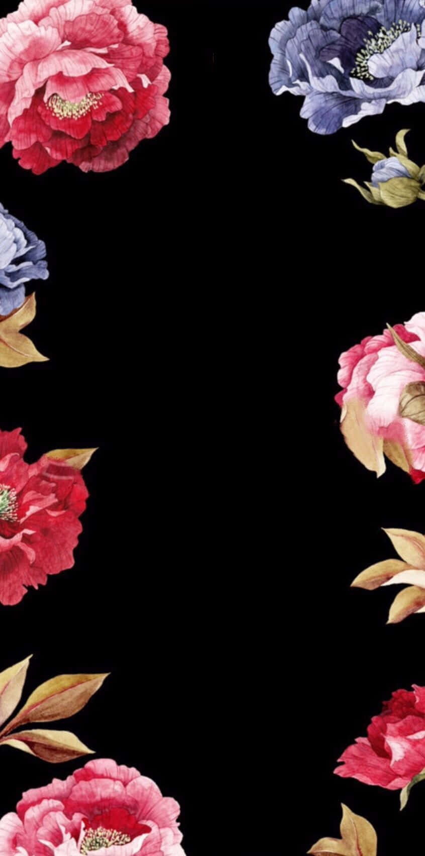 Dark Flower Aesthetic 桌布 壁紙 — 鮮豔的粉紅色和藍色牡丹花搭配金色葉子，在黑色背景上形成奢華的花卉邊框設計。