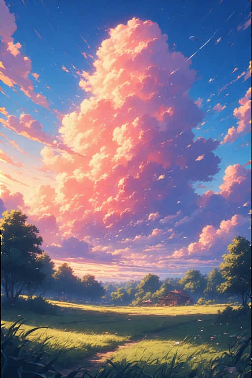 Anime Sunset Rural Scenery Dreamy Vibrant 4K 壁紙 — 鮮豔的粉紅色和藍色雲層主導著寧靜的鄉村景觀，一條蜿蜒的小路通向遠處的木屋。