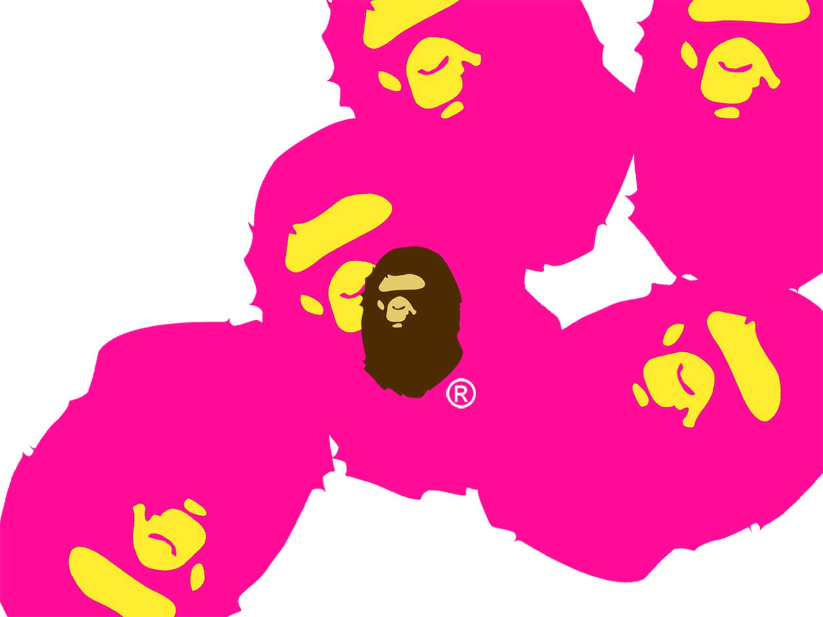 Bape 動態 桌布 壁紙 — 鮮豔的粉紅色和黃色抽象形狀，帶有重複的猿頭標誌，背景為純白色。