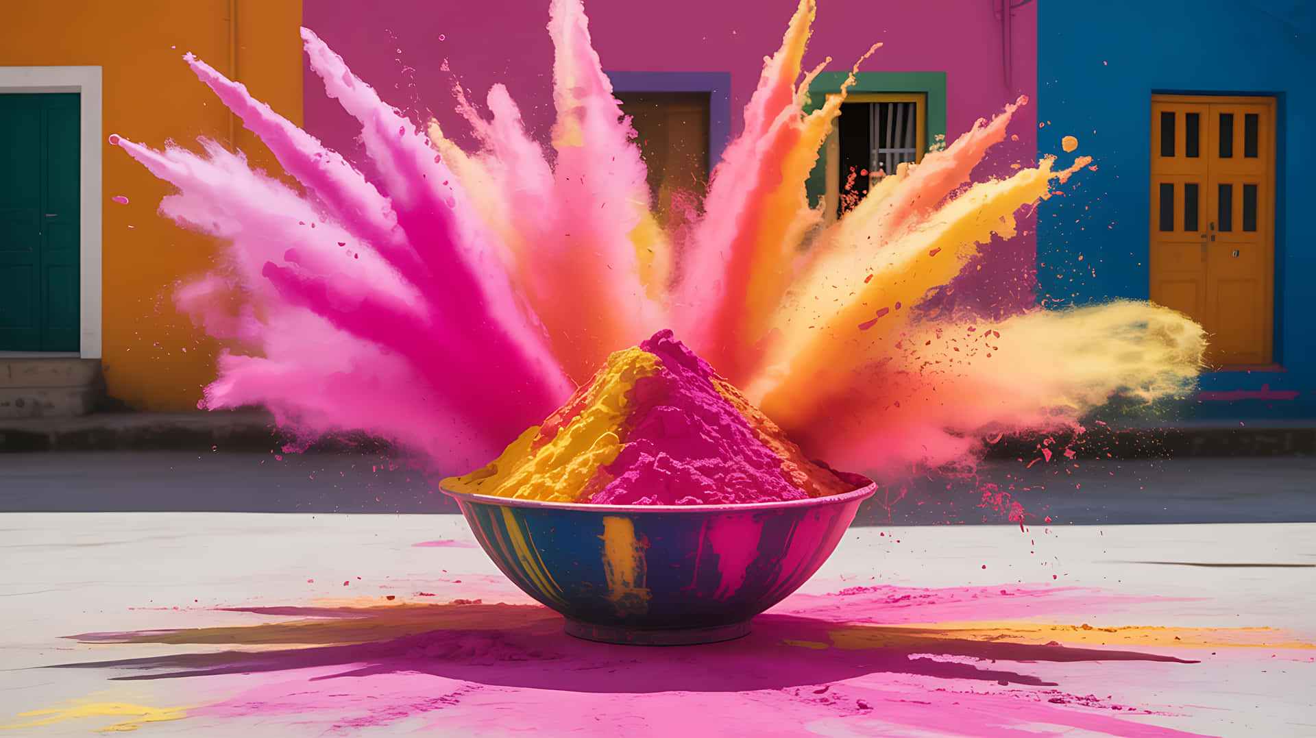 Vibrant holi celebration with colorful powder explosion 壁紙 — 鮮豔的粉紅色和黃色粉末從一個色彩繽紛的碗中噴出，背景是明亮的彩色建築。