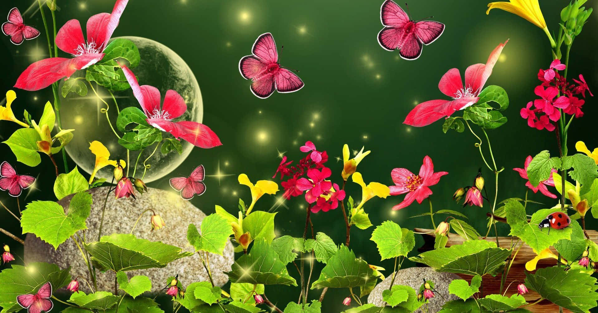 Spring Butterflies 桌布 壁紙 — 鮮豔的粉紅色和黃色花朵在發光的綠色樹葉中盛開，蝴蝶翩翩飛舞，背景中有一輪半透明的月亮。