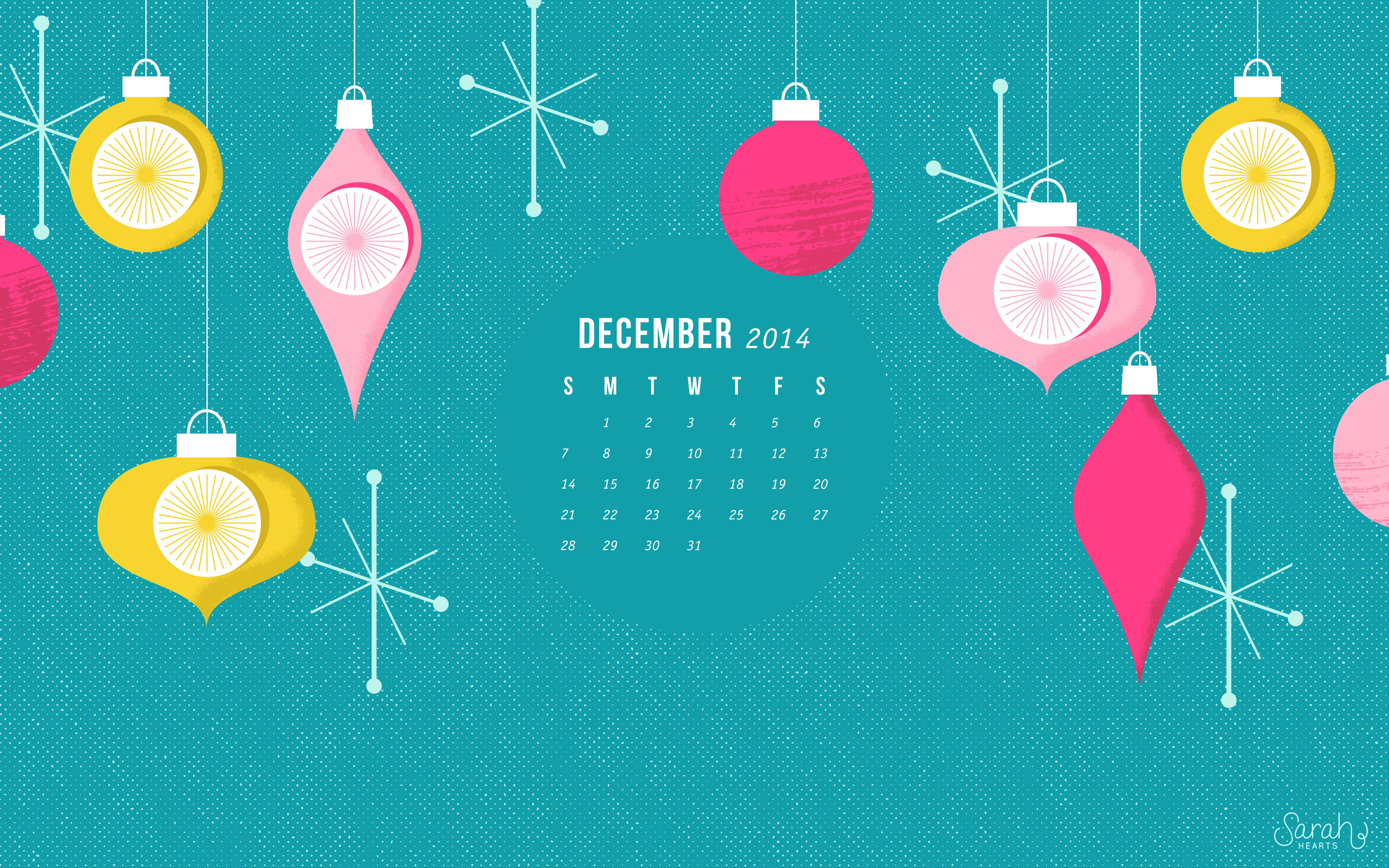 Cute December 桌布 壁紙 — 鮮豔的粉紅色和黃色裝飾品懸掛在青綠色背景上，附有2014年12月的日曆。
