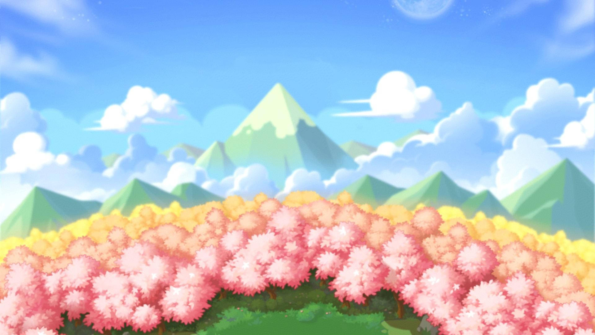 game 桌布 壁紙 — 鮮豔的粉紅色和黃色開花樹木在一個山谷中延伸，上方是明亮的藍天，有蓬鬆的雲朵和遠處的綠色山脈。