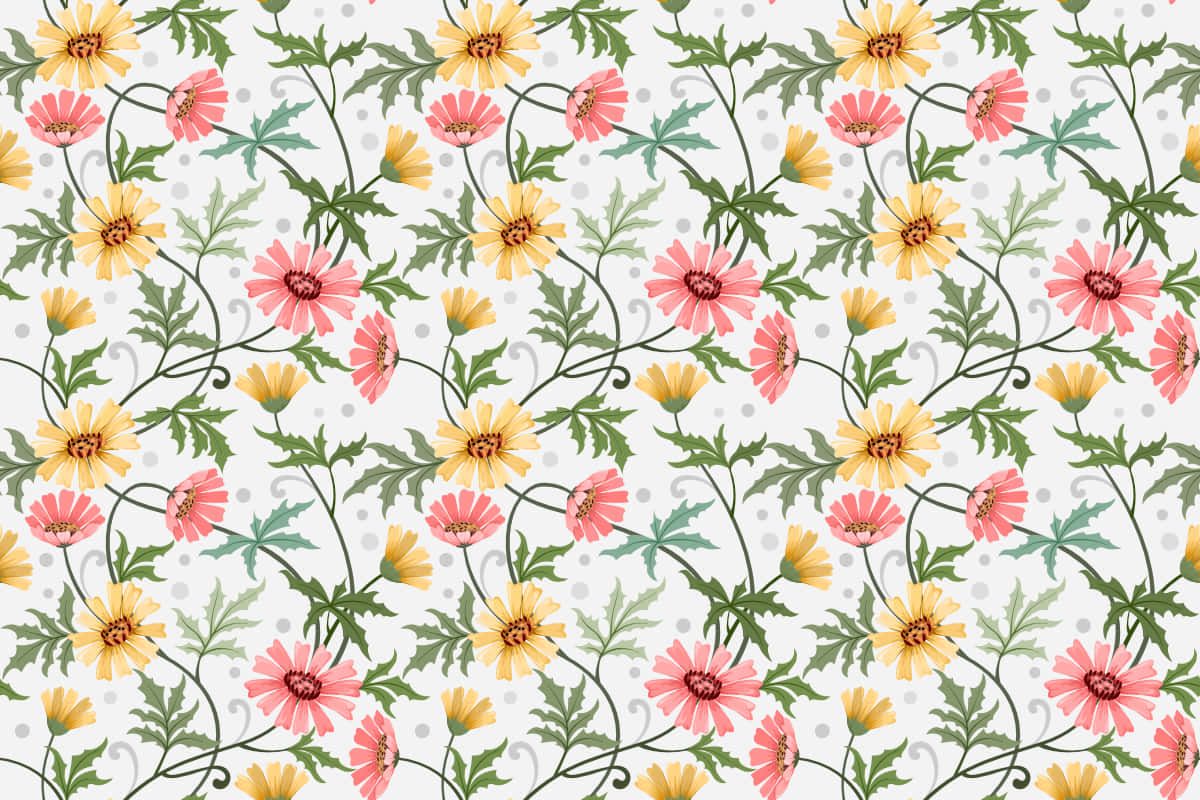 Flower Drawing 桌布 壁紙 — 鮮豔的粉紅色和黃色雛菊，帶有綠色莖，在淺灰色圓點背景上以重複圖案綻放。