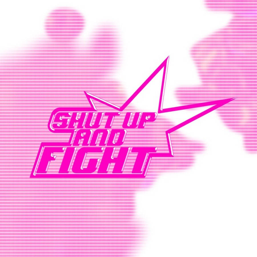 遊戲 桌布 壁紙 — 鮮豔的粉紅色復古文字 'SHUT UP AND FIGHT' 在漫畫風格的星爆中，背景為條紋漸變。