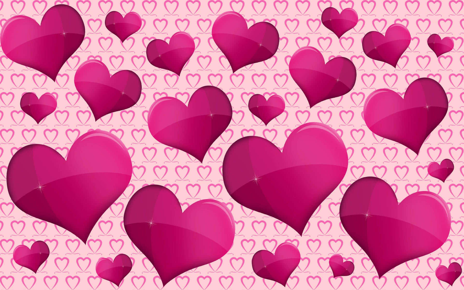 Glitter Pink Hearts 桌布 壁紙 — 鮮豔的粉紅色心形帶有光澤高光，漂浮在微妙的圖案背景上，營造出節日浪漫的設計。