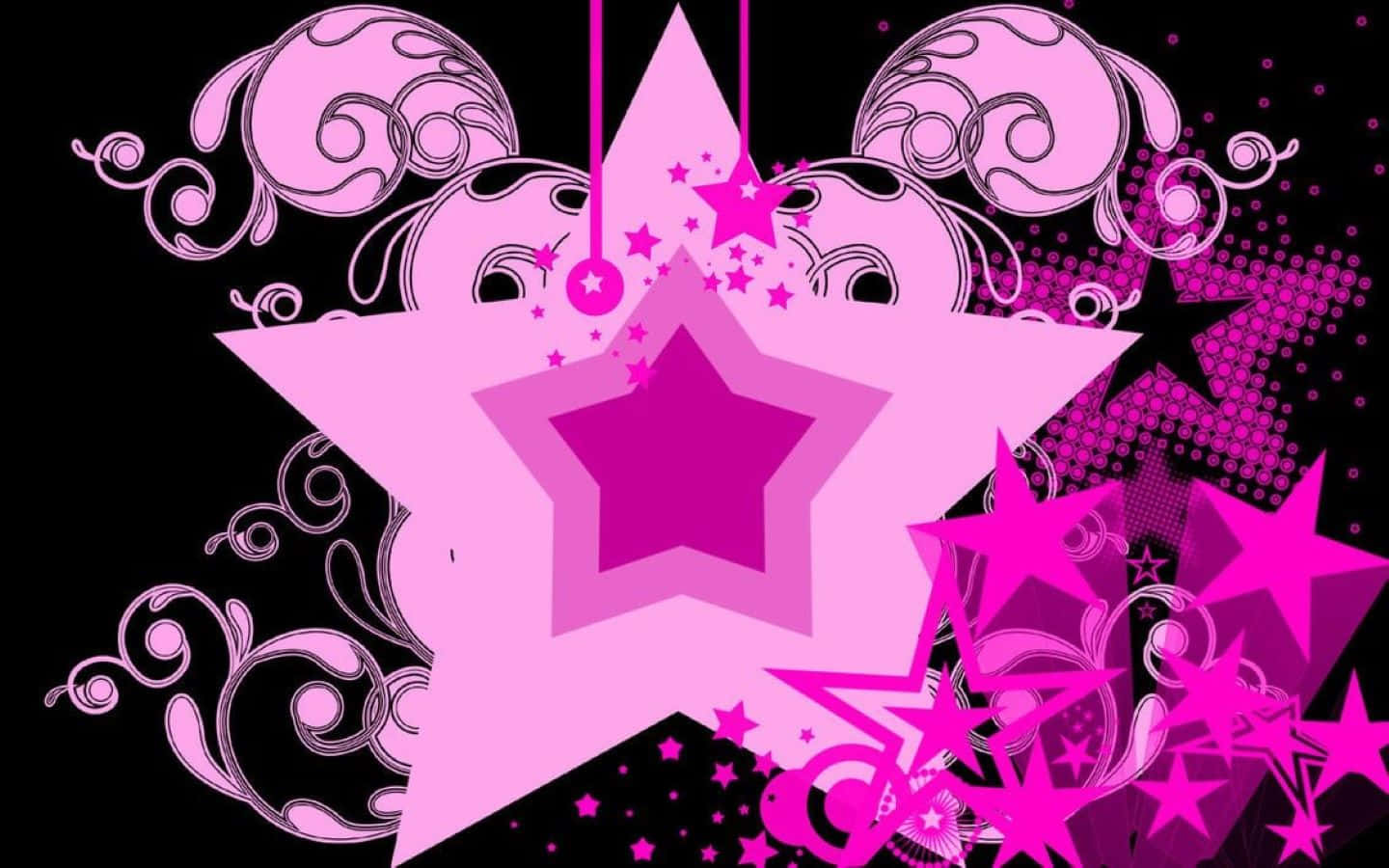 Aesthetic Star 桌布 壁紙 — 鮮豔的粉紅色星星和漩渦圖案在黑色背景上以大膽的圖形設計爆發。