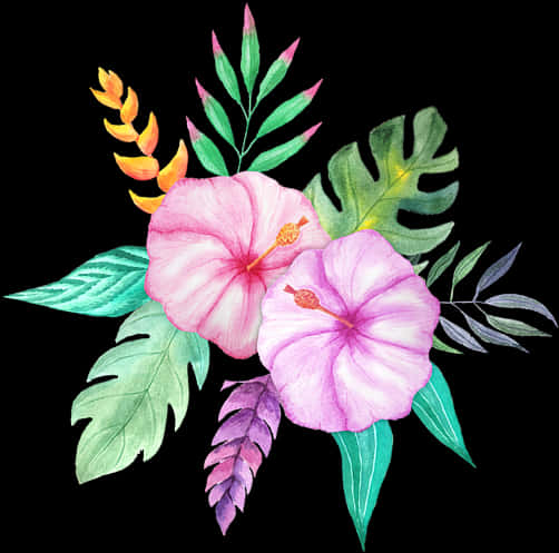 Flower Vector 桌布 壁紙 — 鮮豔的粉紅色木槿花和熱帶葉子在純黑色背景上以水彩風格綻放。