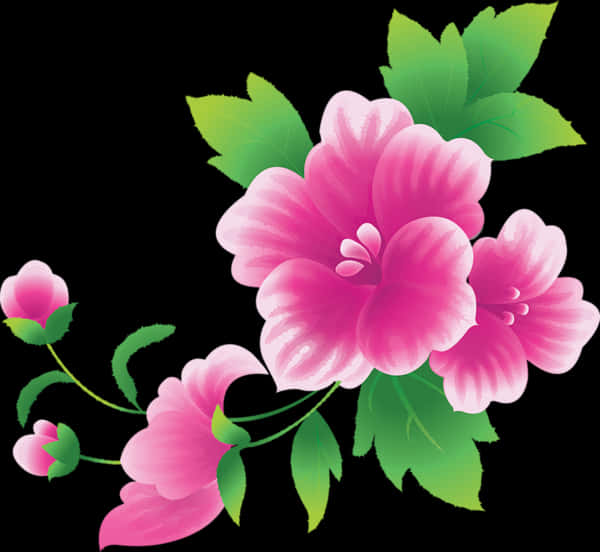 Pink Flower 桌布 壁紙 — 鮮豔的粉紅色木槿花和綠葉在純黑色背景上綻放，以風格化插圖呈現。