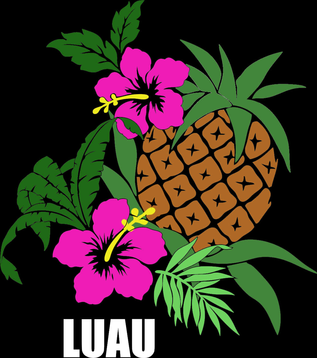 Luau 桌布 壁紙 — 鮮豔的粉紅色木槿花和鳳梨，周圍環繞著茂密的綠葉，黑色背景上寫有「LUAU」字樣。