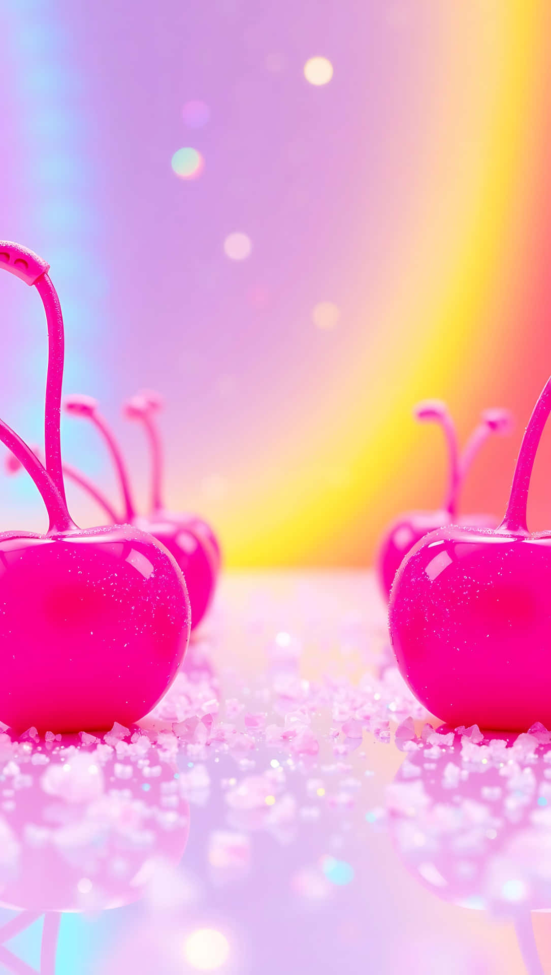 Pink Pop Candy Cherries – Holo Sweet Vibes 48-2 壁紙 — 鮮豔的粉紅色櫻桃帶莖，放在閃閃發光的糖上，背景是柔和的彩虹漸變色和散景燈光。