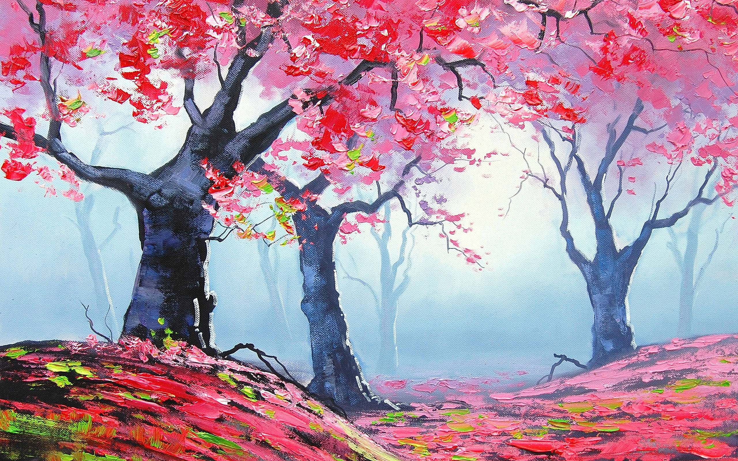 Drawing 桌布 壁紙 — 鮮豔的粉紅色櫻花在深色樹木上盛開，映襯著霧濛濛的藍天，地面上有色彩繽紛的筆觸。