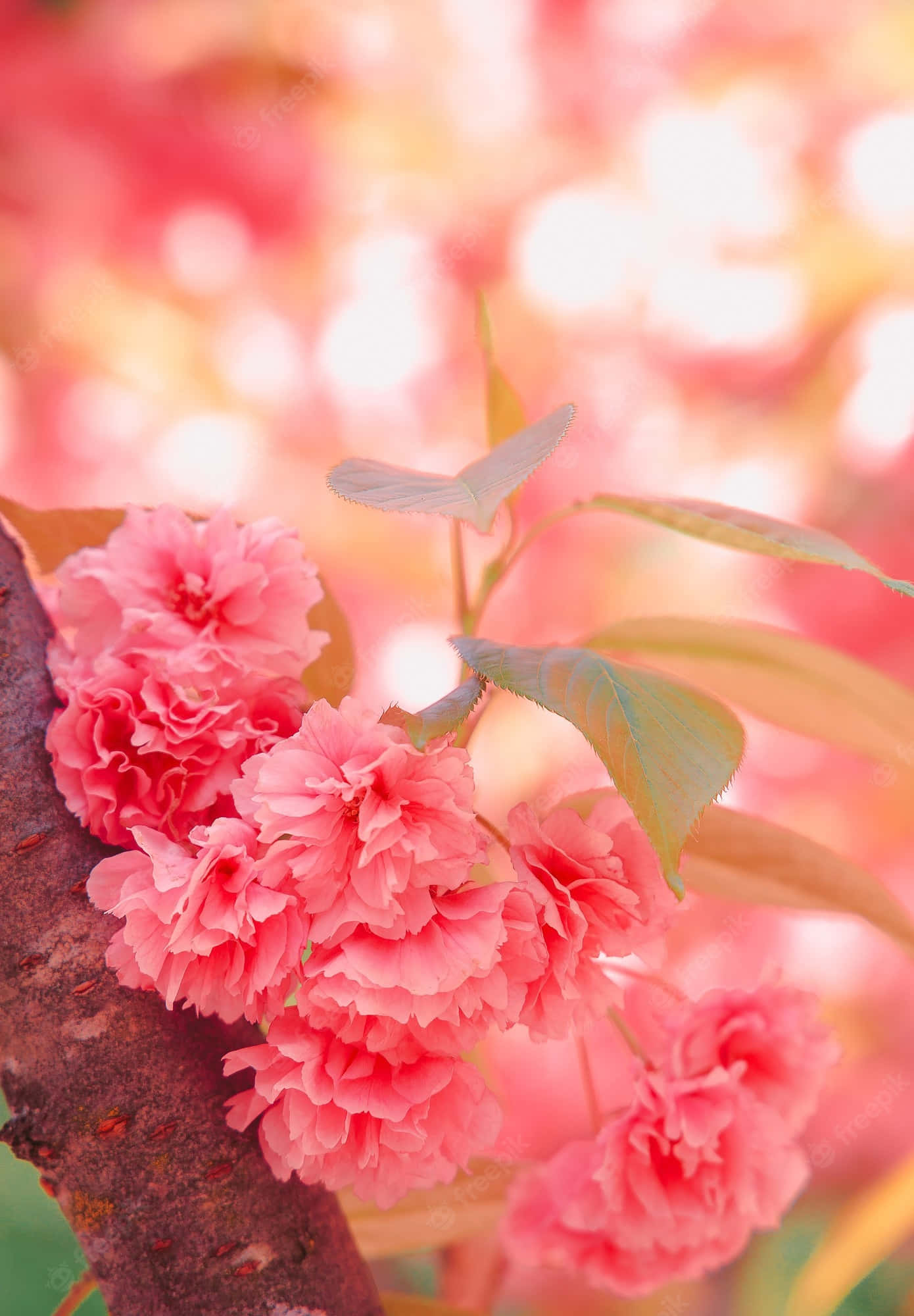 Pink Cherry Blossom 桌布 壁紙 — 鮮豔的粉紅色櫻花在深色樹枝上密集盛開，背景是溫暖光線和樹葉的柔和模糊效果。