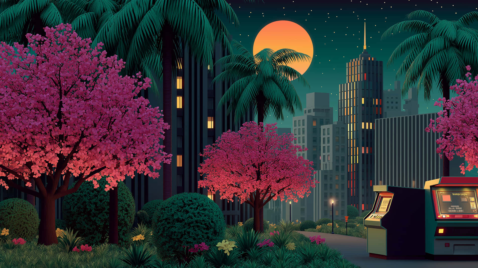 Vibrant Cityscape with Palm Trees and Arcade Machines 壁紙 — 鮮豔的粉紅色櫻花樹在茂盛的花園中盛開，旁邊是發光的吃角子老虎機，在巨大的橙色月亮下，霓虹城市景觀。
