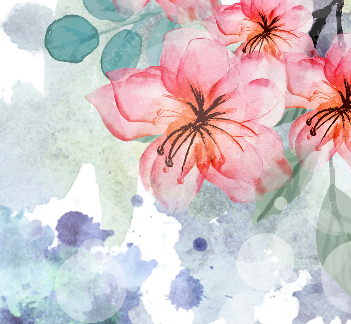 Watercolor Flower 桌布 壁紙 — 鮮豔的粉紅色水彩花朵，帶有深色花心，在柔和的藍色和綠色紋理背景上綻放。