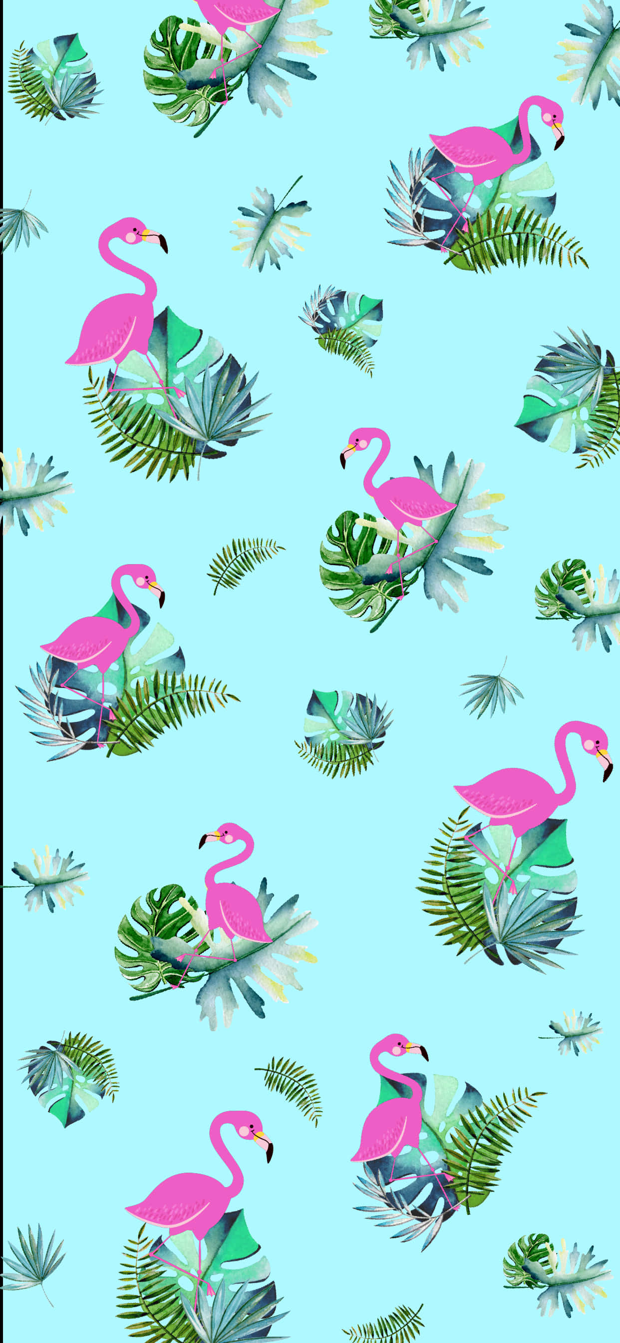 Trendy Summer iPhone 桌布 壁紙 — 鮮豔的粉紅色火烈鳥棲息在柔和的藍色背景上，重複圖案中茂密的綠色熱帶葉子之間。