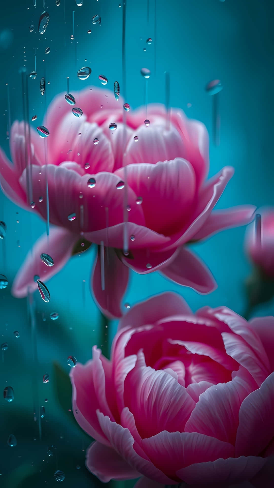 Pink Peonies in Rain with Water Droplets 壁紙 — 鮮豔的粉紅色牡丹在藍綠色背景上，在雨滴瀑布下柔和地綻放。