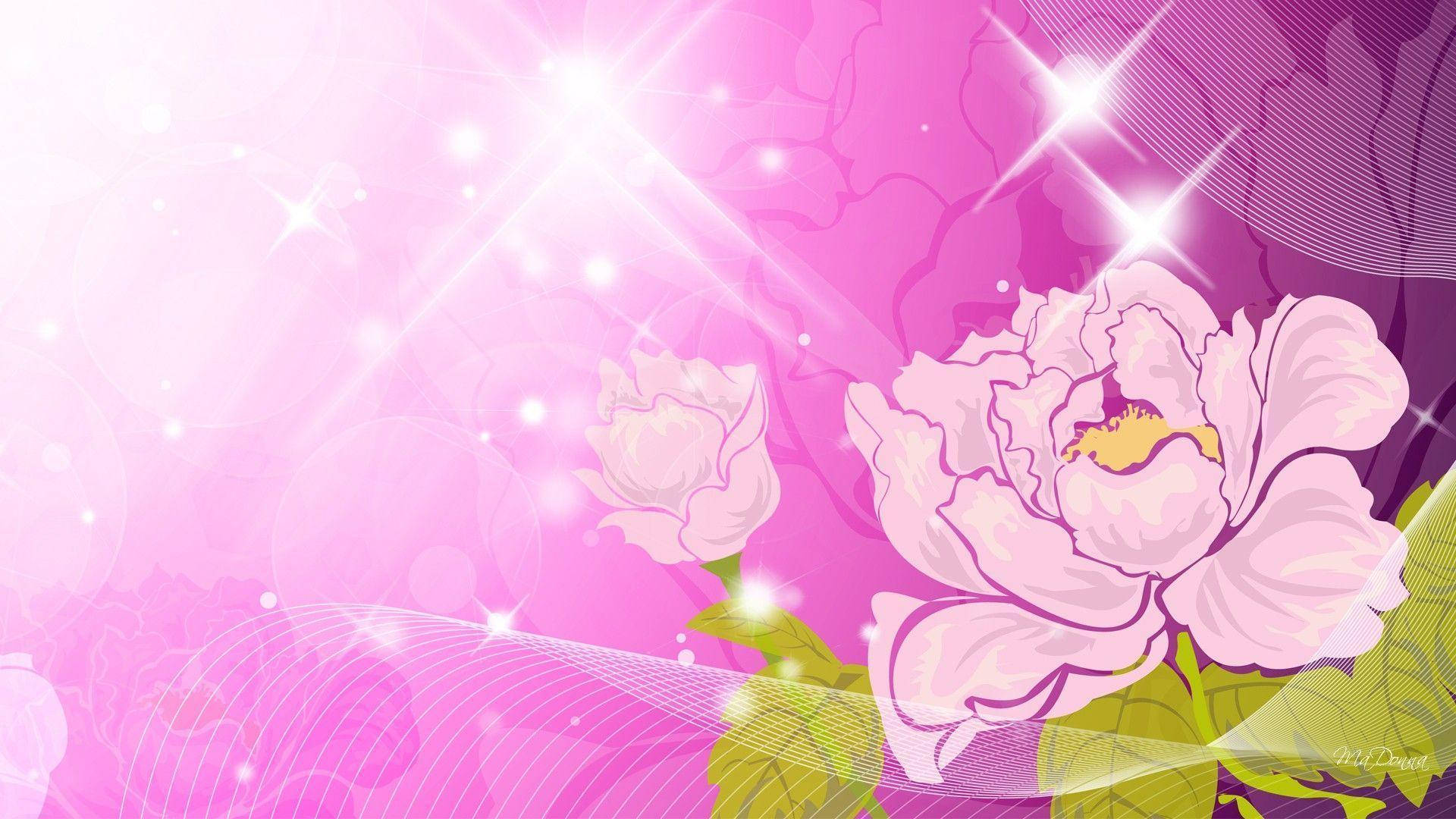 Pink Flower 桌布 壁紙 — 鮮豔的粉紅色牡丹在閃爍的漸變背景上盛開，帶有耀眼的光效和旋轉的抽象圖案。