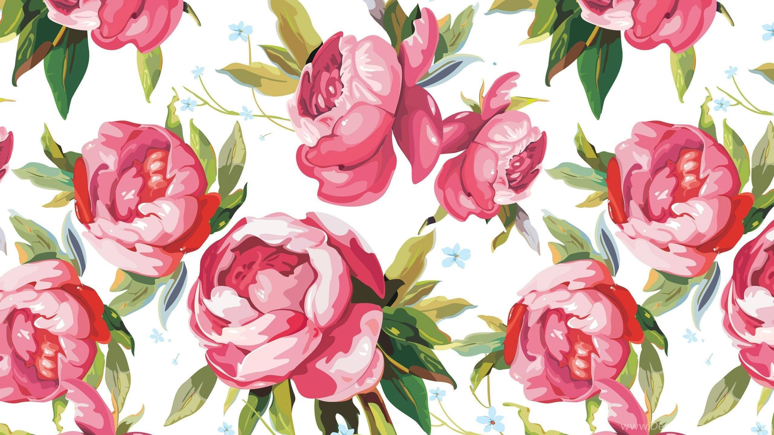 Illustration Art 桌布 壁紙 — 鮮豔的粉紅色牡丹花，搭配茂盛的綠葉和細小的藍色花朵，在潔白的背景上以重複圖案盛開。