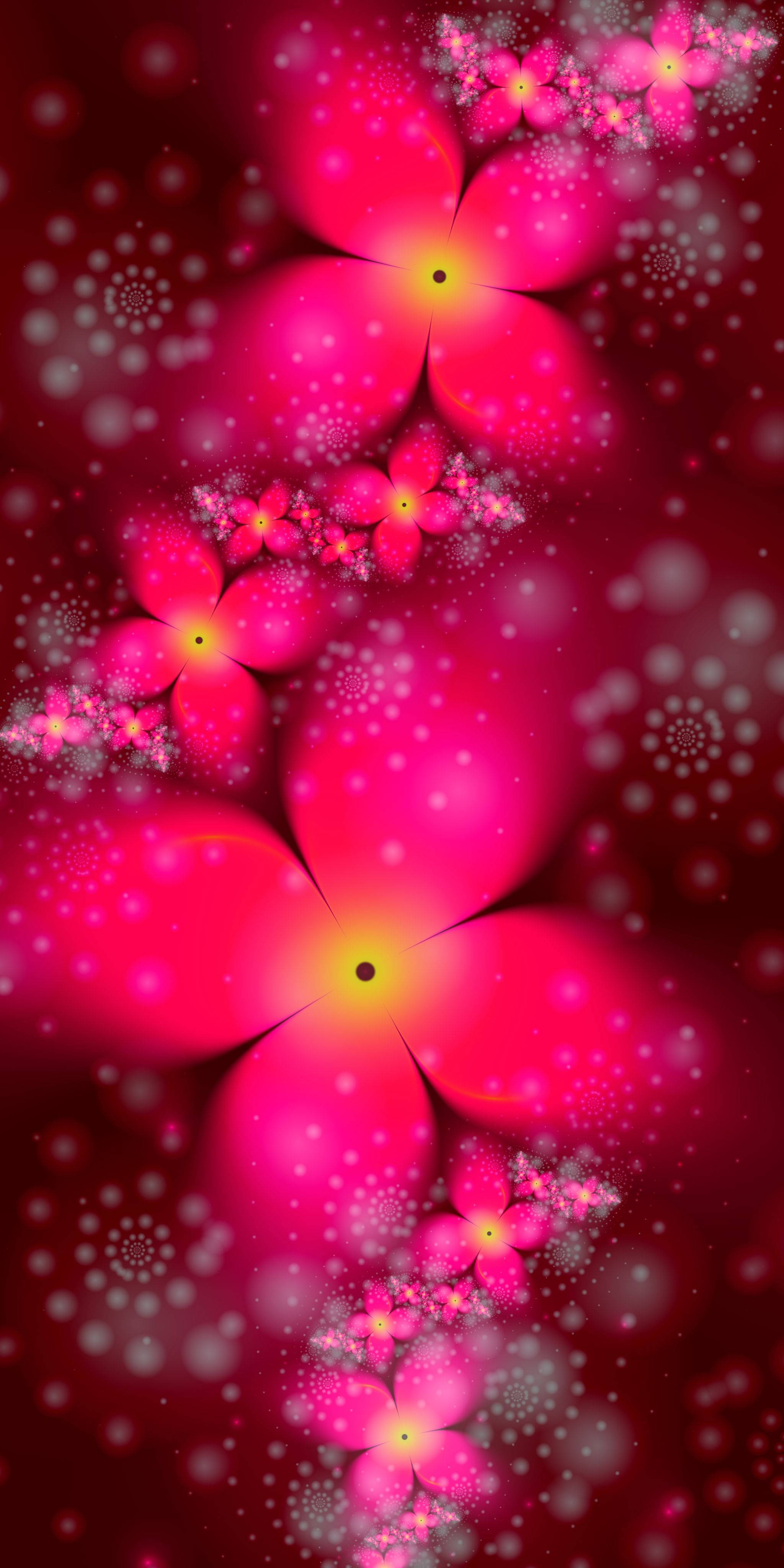 Flowers 桌布 壁紙 — 鮮豔的粉紅色碎形花朵在深紅色背景上綻放，帶有發光的黃色中心和閃爍的粒子。