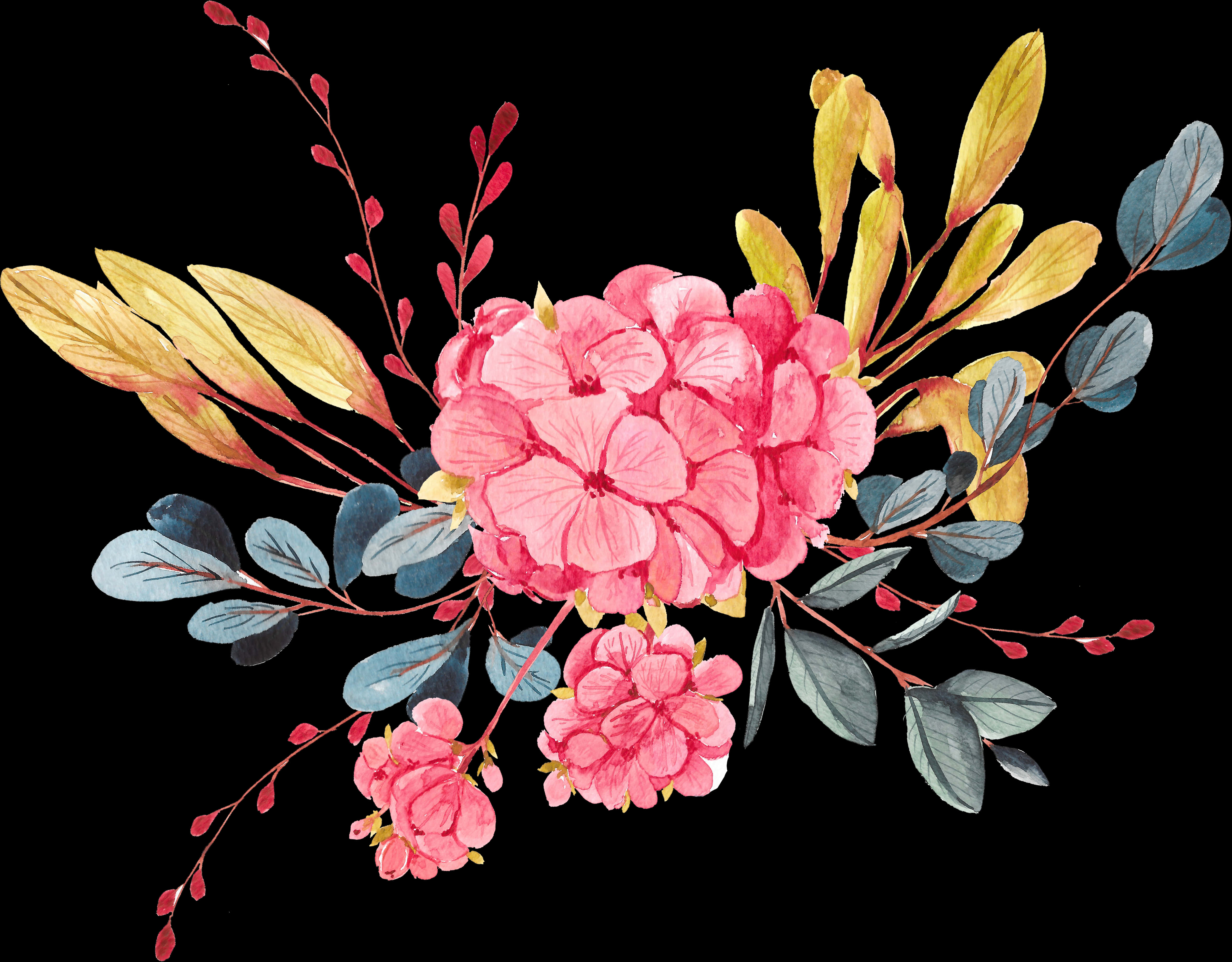 Flowers 桌布 壁紙 — 鮮豔的粉紅色繡球花和金色葉子，在純黑色背景上以精緻的水彩花束排列。