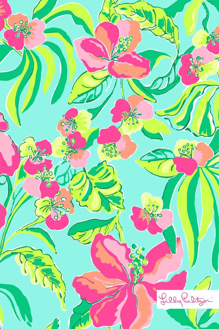 lilly 桌布 壁紙 — 鮮豔的粉紅色芙蓉花與萊姆綠色葉子在藍綠色背景上盛開，形成大膽的熱帶圖案。