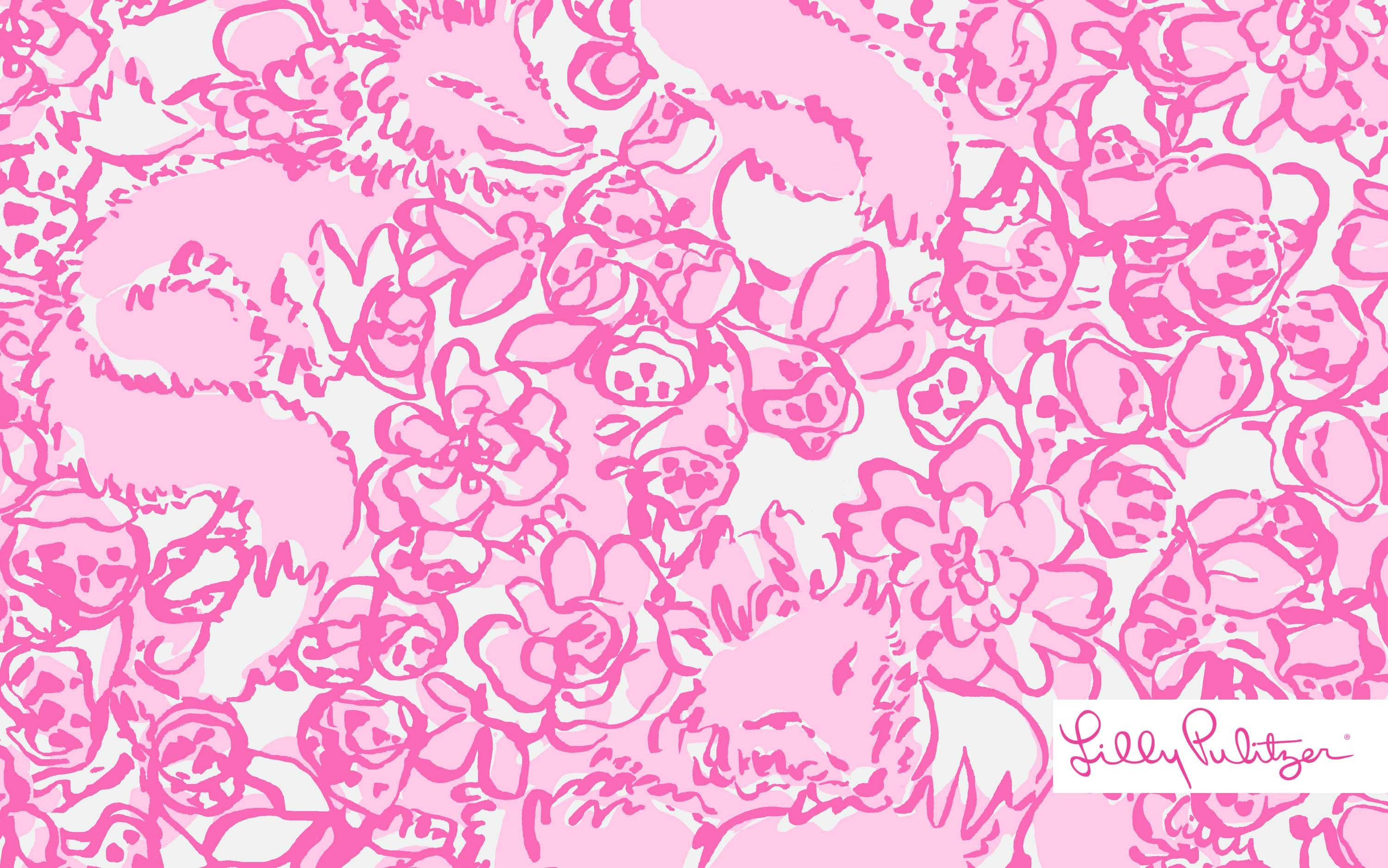 lilly 桌布 壁紙 — 鮮豔的粉紅色花卉圖案，在淺色背景上帶有手繪輪廓。