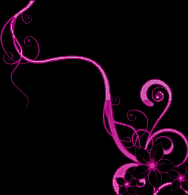 Graphics Design 桌布 壁紙 — 鮮豔的粉紅色花卉漩渦和藤蔓在純黑色背景上以數位藝術風格優雅彎曲。