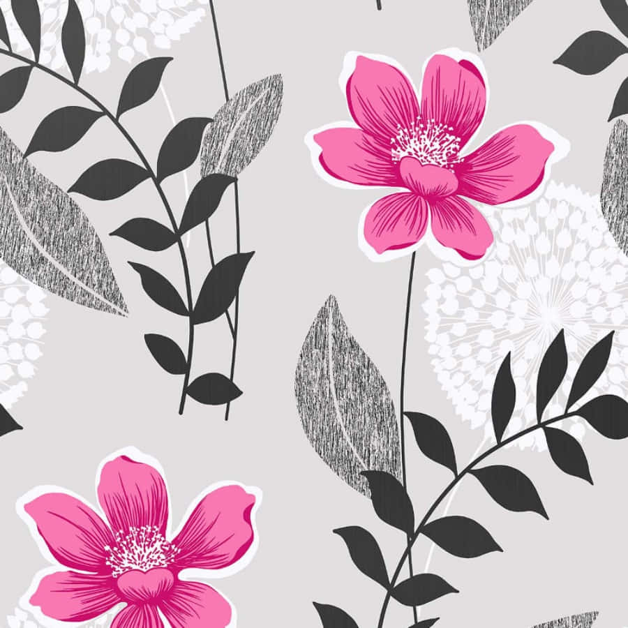 Gray And Pink 桌布 壁紙 — 鮮豔的粉紅色花朵，白色花心，黑灰色葉片，在淺灰色背景上形成風格化的植物圖案。