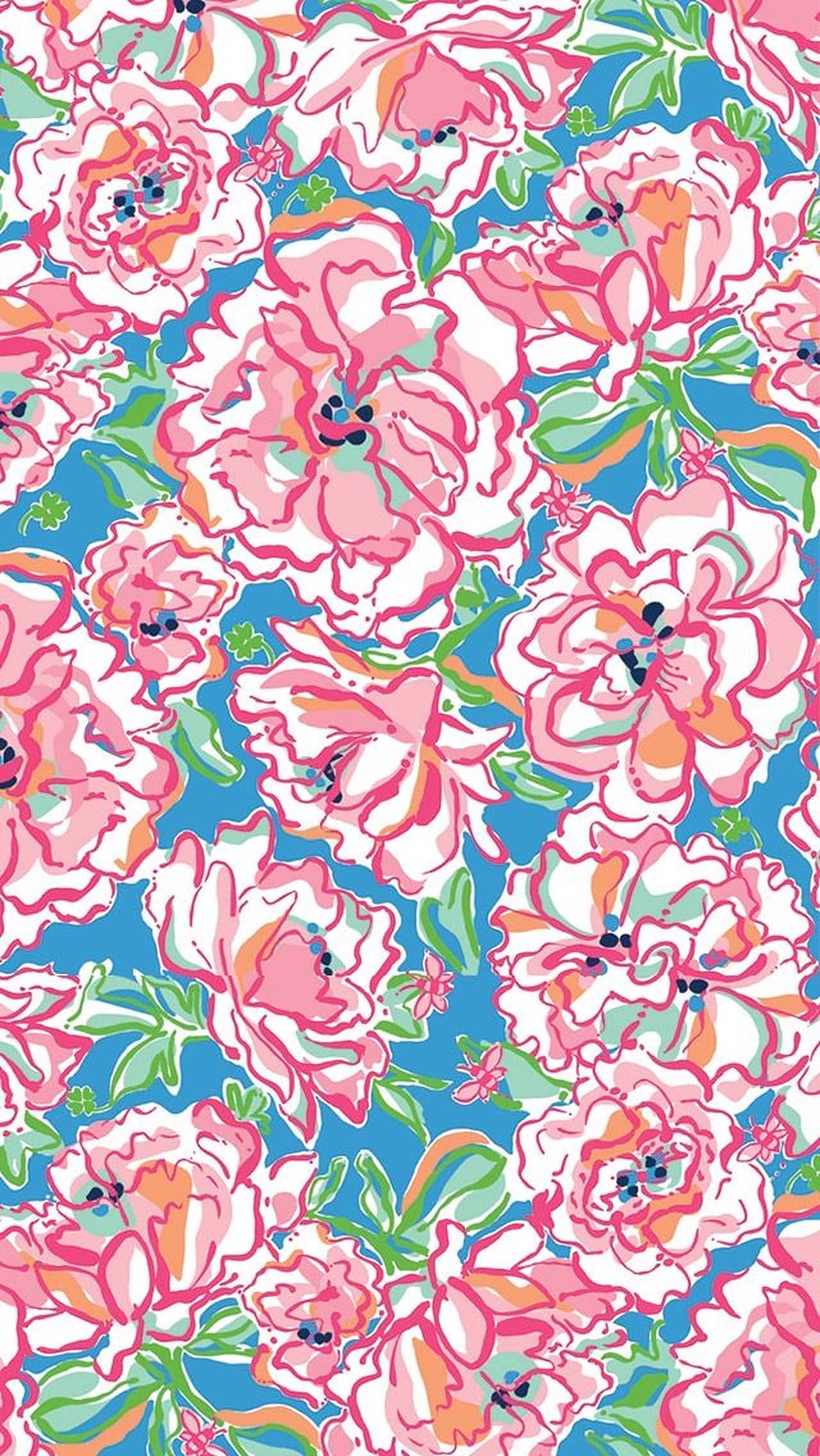 lilly 桌布 壁紙 — 鮮豔的粉紅色花朵和綠色葉子在明亮的藍色背景上以生動的重複圖案盛開。
