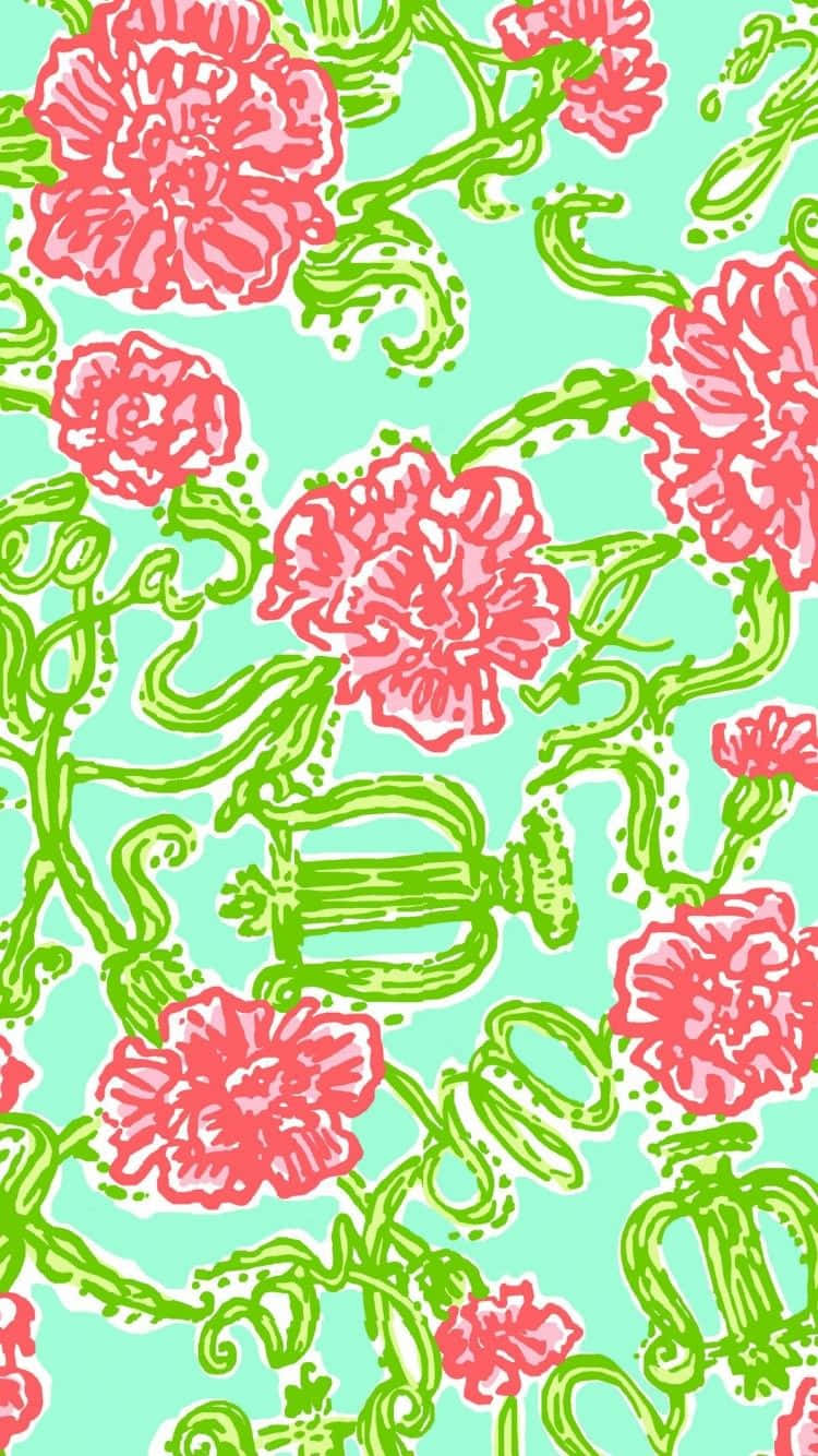 Lilly Pulitzer iPhone 桌布 壁紙 — 鮮豔的粉紅色花朵和綠色藤蔓在薄荷綠色背景上以重複圖案綻放。