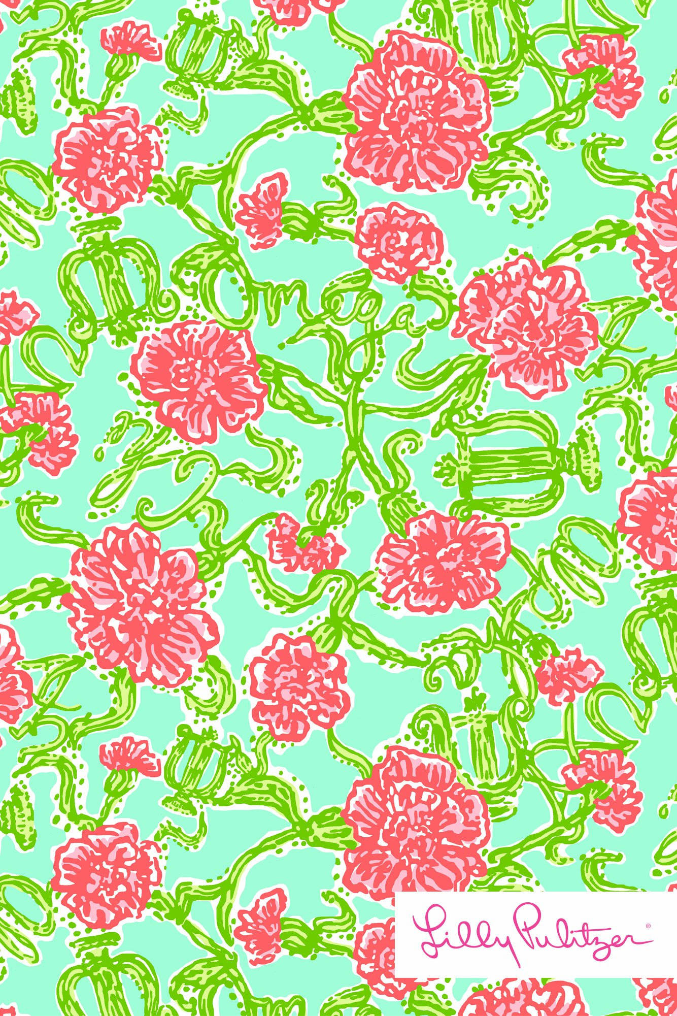 lilly 桌布 壁紙 — 鮮豔的粉紅色花朵和綠色藤蔓在薄荷綠背景上以俏皮的重複圖案旋轉。