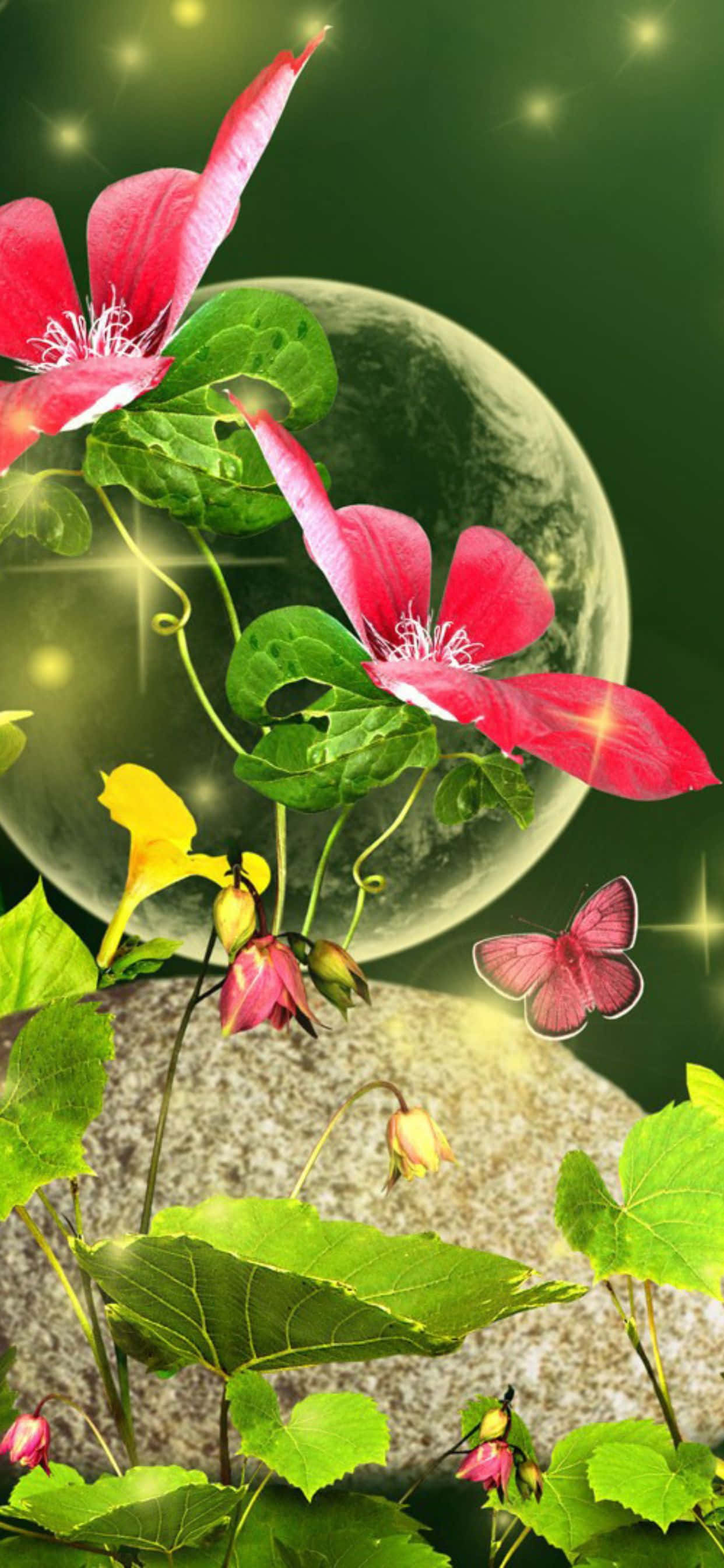 Pixel 3 Spring 桌布 壁紙 — 鮮豔的粉紅色花朵和蝴蝶在發光的月亮前綻放，背景是星光閃爍的綠色。