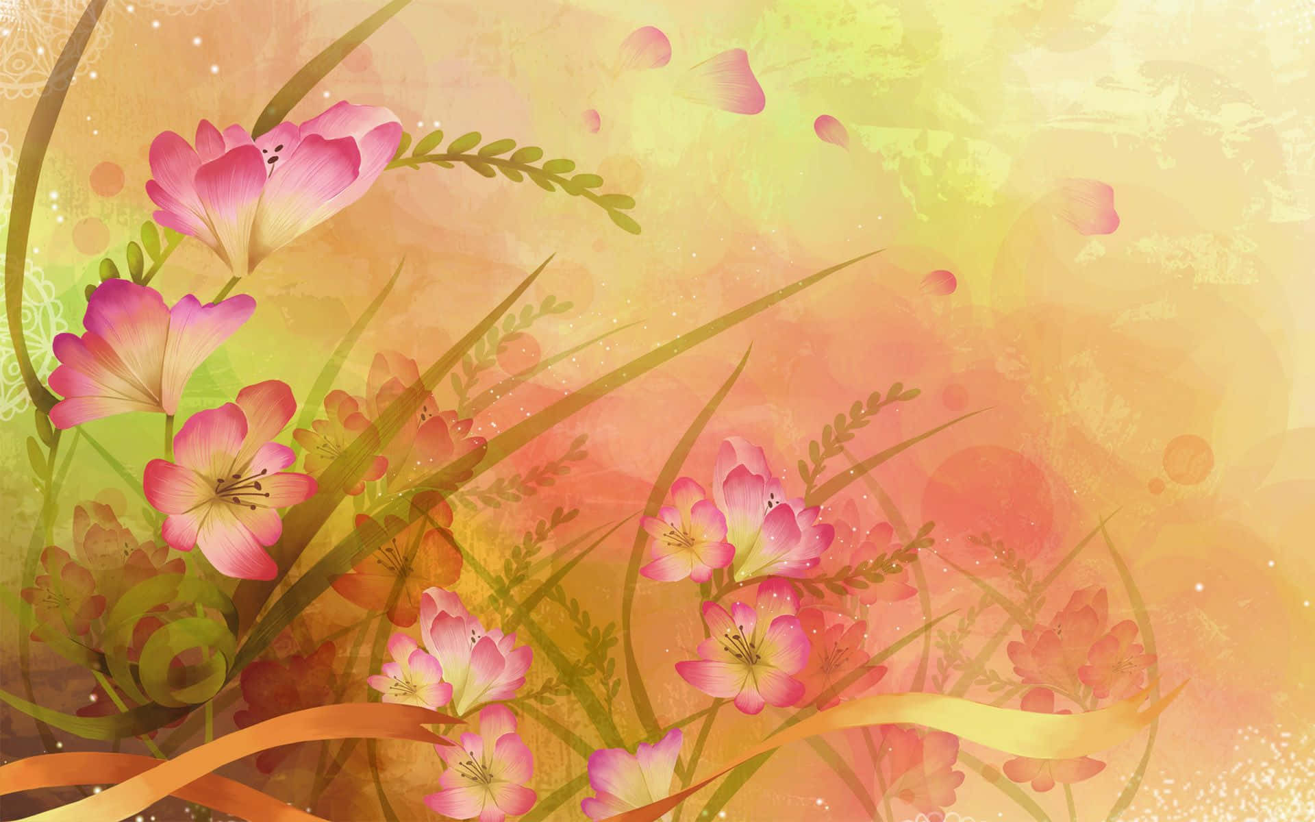 Flower Art 桌布 壁紙 — 鮮豔的粉紅色花朵在金色草叢中綻放，背景是溫暖的漸層天空，漂浮著花瓣和柔和的光線。