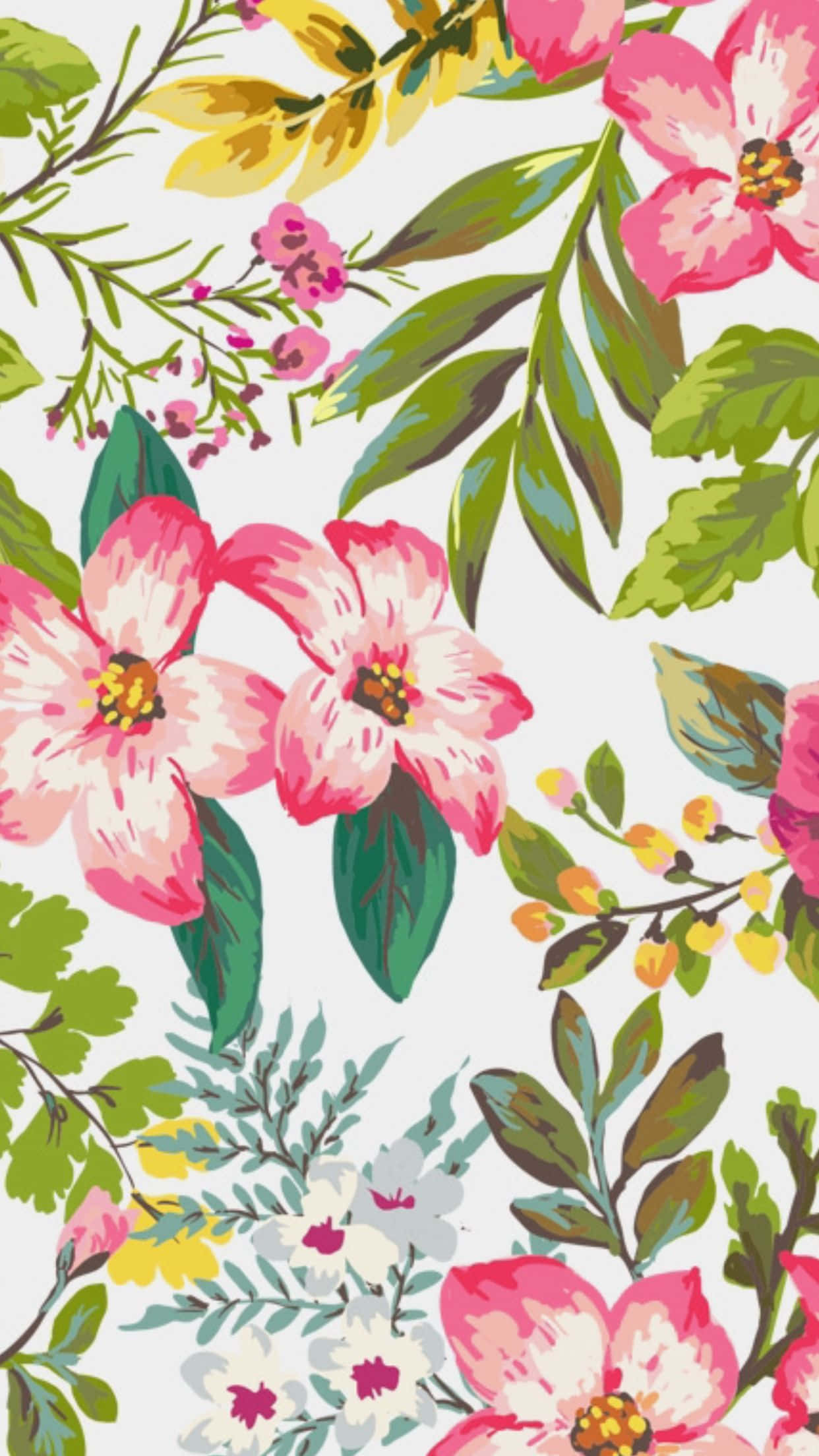 Summer iPhone 桌布 壁紙 — 鮮豔的粉紅色花朵搭配綠色葉子和黃色點綴，在淺色背景上綻放，形成生動的植物圖案。