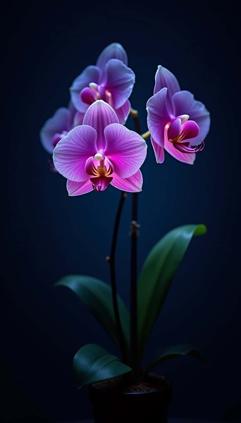 Flower 壁紙 — 鮮豔的粉紅色蘭花在深海軍藍背景下優雅綻放，搭配茂盛的綠葉。