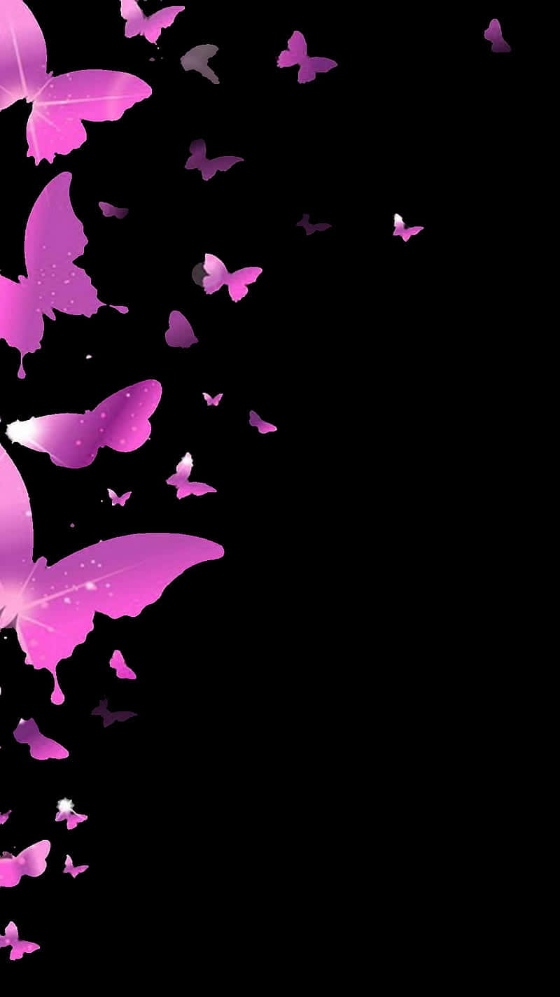 Purple Butterfly iPhone 桌布 壁紙 — 鮮豔的粉紅色蝴蝶在純黑色背景上翩翩飛舞，營造出神奇而空靈的視覺效果。