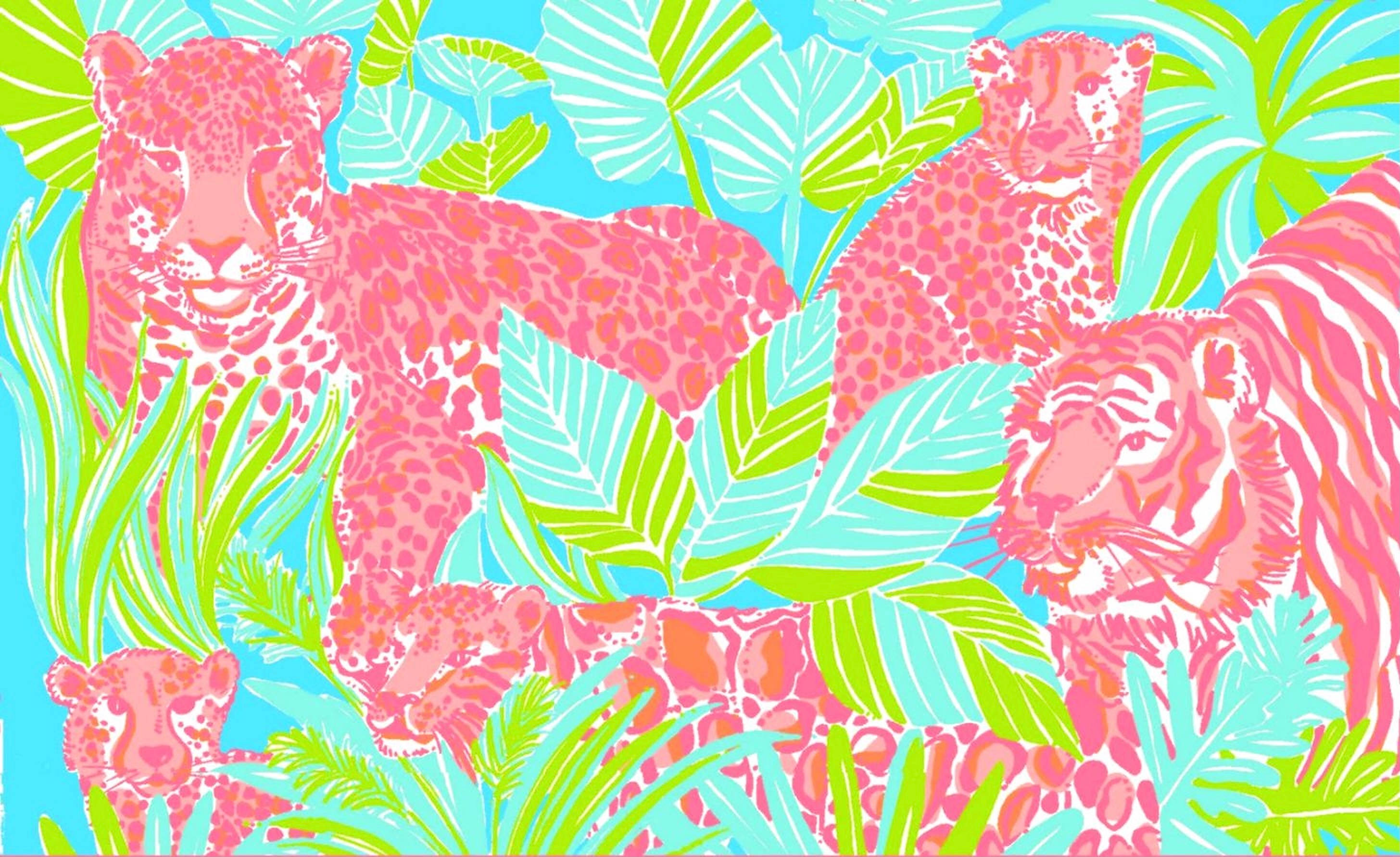 lilly 桌布 壁紙 — 鮮豔的粉紅色豹子和老虎在明亮的青色背景上透過霓虹綠葉窺視。