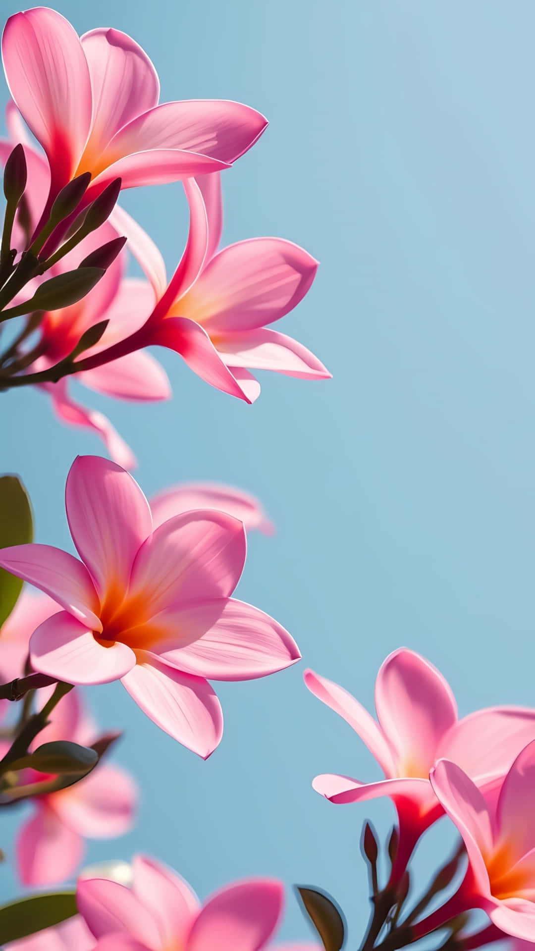 Soft Pink Plumeria Flowers on Pastel Blue Background 壁紙 — 鮮豔的粉紅色雞蛋花帶有黃色花心，在柔和的自然光下，於清澈的藍天中綻放。