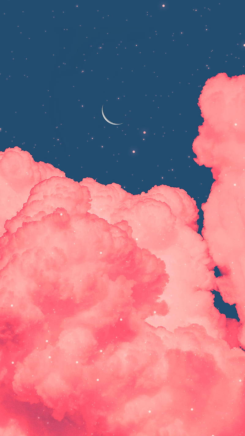 夜空 桌布 壁紙 — 鮮豔的粉紅色雲朵在點綴著星星和彎月的深藍色夜空下飄動。