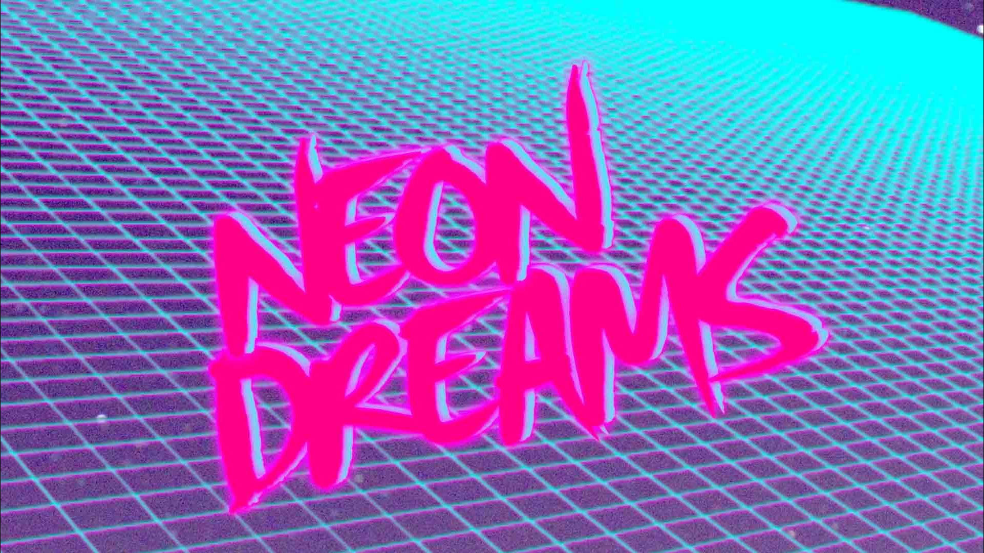 夢幻 桌布 壁紙 — 鮮豔的粉紅色霓虹文字「NEON DREAMS」漂浮在發光的青色和紫色網格上，營造出復古未來風格的數位場景。