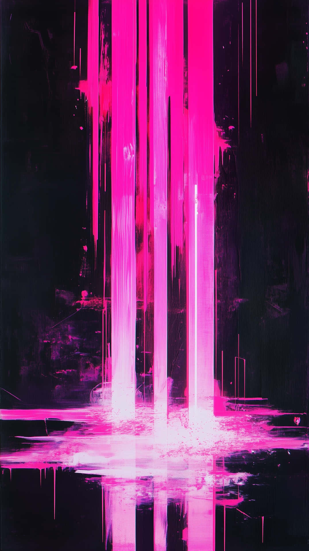 Abstract Neon Glitched Defekt Neon Pink Streaks on Black Background 壁紙 — 鮮豔的粉紅色霓虹燈光條紋垂直傾瀉在黑暗背景上，下方有反射水坑。