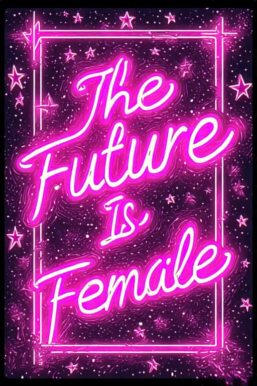Bold Feminist Quote in Neon Digital Art 壁紙 — 鮮豔的粉紅色霓虹燈文字「The Future Is Female」在深紫色背景上的星空宇宙框架內發光。