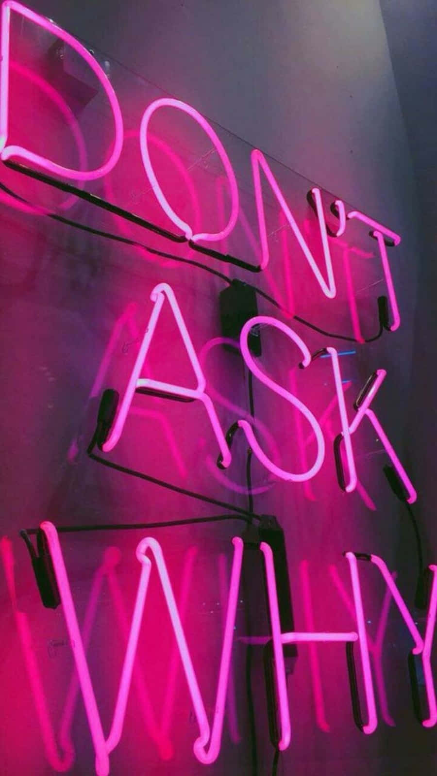 Aesthetic Dark Pink 桌布 壁紙 — 鮮豔的粉紅色霓虹燈牌，上面寫著「DON'T ASK WHY」，在黑暗的牆壁上發光，可見電線和安裝支架。