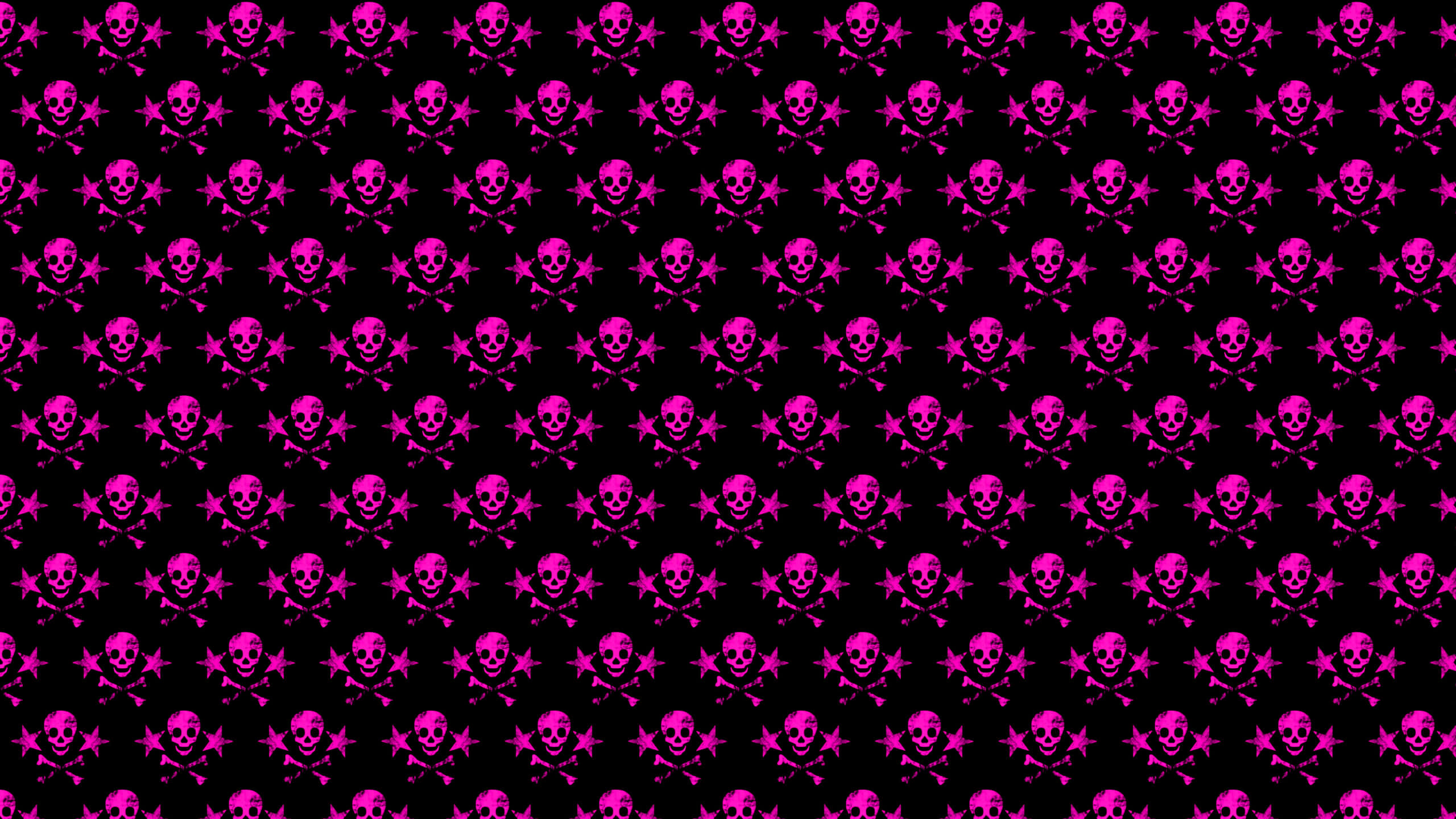 Pink Skull 桌布 壁紙 — 鮮豔的粉紅色骷髏頭和交叉骨圖案在純黑色背景上重複，呈現大膽的圖形設計。