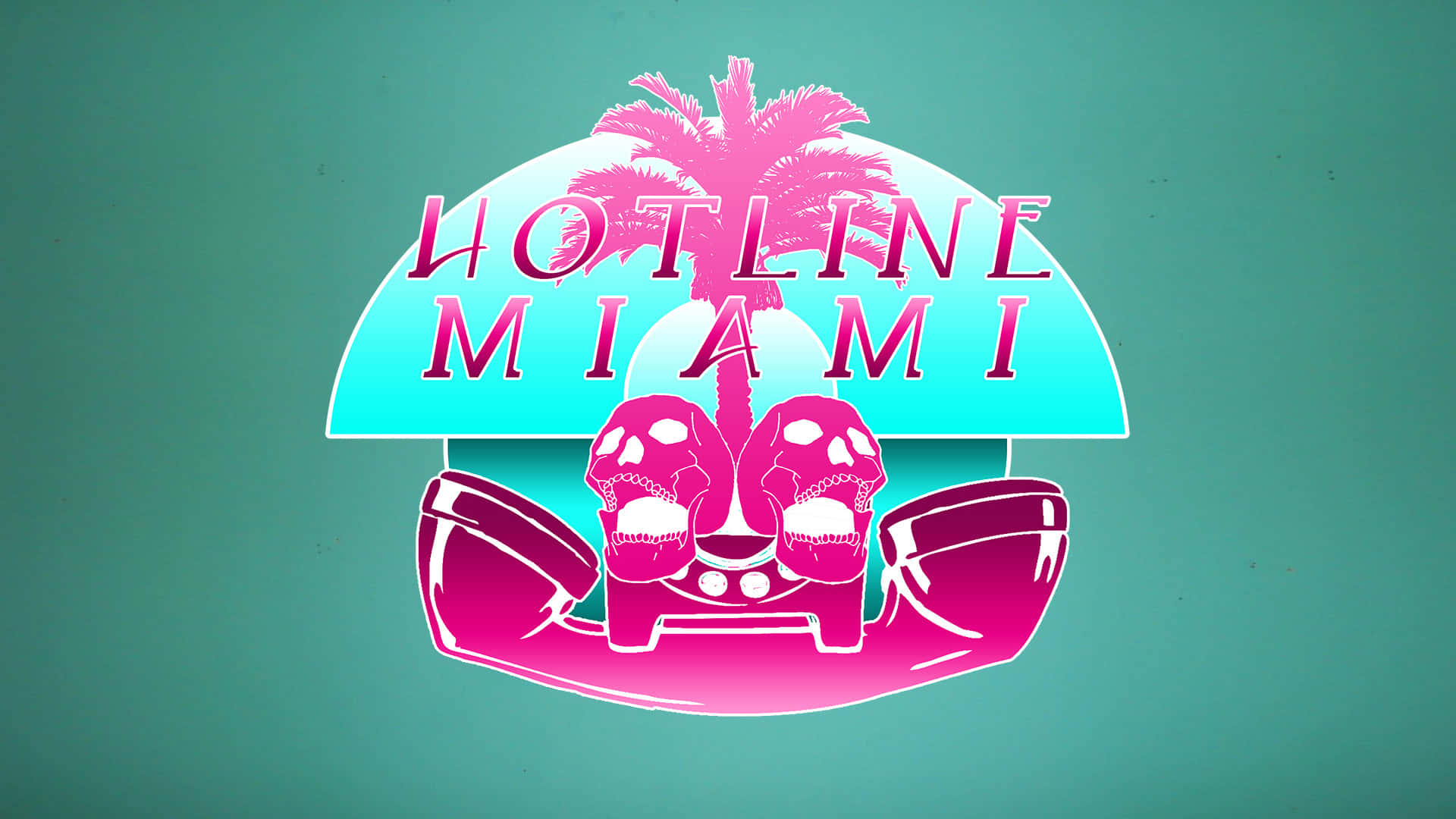 Hotline Miami 桌布 壁紙 — 鮮豔的粉紅色骷髏頭和棕櫚樹標誌，用於《熱線邁阿密》，背景為青綠色。